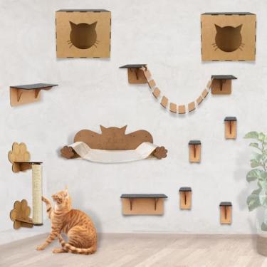 Imagem de BOXFAN Parquinho para Gato em Mdf 4mm Kit 11 Peças Playground de Gatos Circuito de Parede Rede Arranhador Degraus Diversão Pet Reforçado
