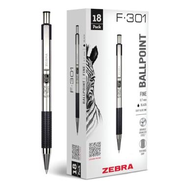 Imagem de Zebra Pen Caneta esferográfica retrátil F-301, barril de aço inoxidável, ponta fina, tinta preta, pacote com 18 (27118)