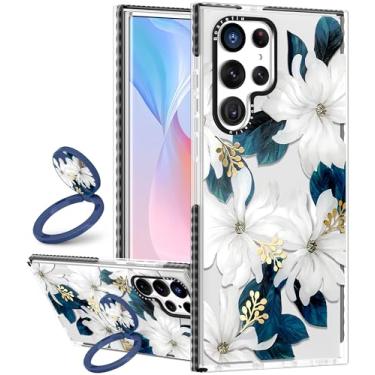Imagem de Boaretiu Capa fofa Kawaii para Samsung Galaxy S24Ultra com suporte - Design de suporte de anel giratório adesivo de 360° para mulheres meninas e meninas para Samsung Galaxy S24Ultra, flor azul