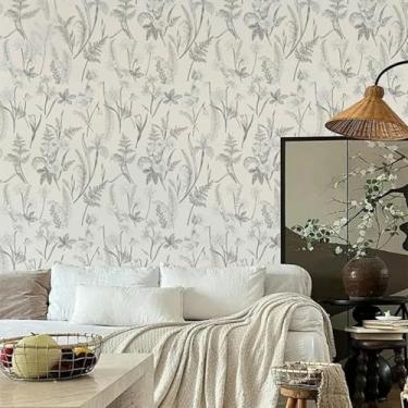 Imagem de Papel de parede estilo retrô efeito floral autoadesivo impermeável papel de parede de PVC para quarto parede de fundo preto e branco 44 * 1000 cm
