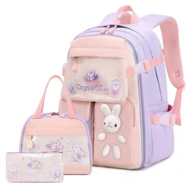 Imagem de Mochila escolar infantil FIXITOK coelho kawaii 3 peças, com lancheira térmica e estojo, nylon impermeável, roxa e rosa