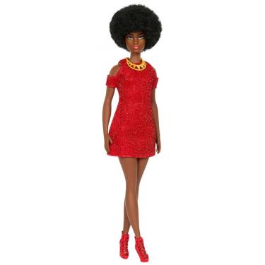 Imagem de Boneca Barbie Fashionistas 65 Anos 221 com cabelo preto natural, vestido vermelho e acessórios colecionáveis 2024