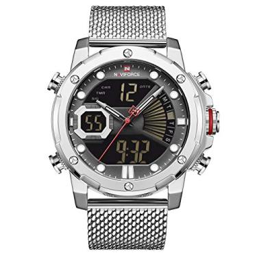 Imagem de NAVIFORCE Relógio de pulso masculino digital de aço inoxidável com pulseira de malha esportiva à prova d'água com alarme militar relógio de pulso duplo horário, Prata, preto, branco, Digital