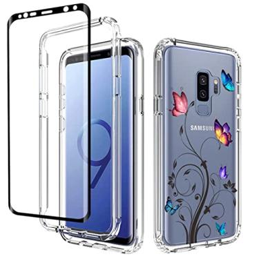 Imagem de Ueokeird Capa para Galaxy S9+/S9 Plus SM-G965U com protetor de tela de vidro temperado, linda estampa de borboleta transparente, capa protetora de corpo inteiro para Samsung Galaxy S9 Plus (árvore