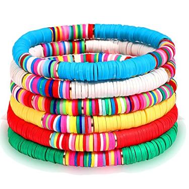 Imagem de Pulseiras femininas de surfe Heishi empilháveis de disco de vinil com contas e elásticas, camadas de elástico, pulseiras de amizade boêmias, joias de praia de verão