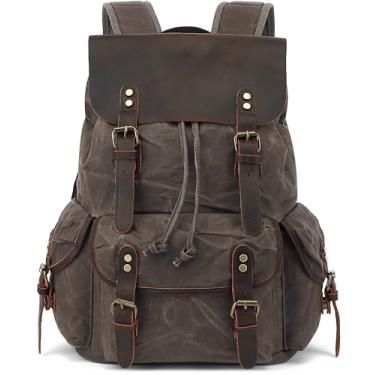 Imagem de HuaChen Mochila de lona encerada de couro, mochila masculina vintage, mochila casual grande - cinza M80