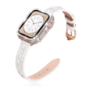Imagem de Nunwiza Pulseira feminina para Apple Watch Bling de 40 mm, 41 mm e 44 mm com capa protetora de tela, couro fino e elegante com capa de diamante transparente para iWatch séries 9, 8, 7, 6, 5 e 4 e SE