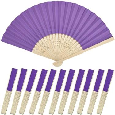 Imagem de Bestage 12 peças de ventilador de mão dobrável para mulheres, ventilador de mão decorativo roxo dobrável chinês japonês molduras de bambu leques de seda para casamento, dança, lembrancinhas de festa