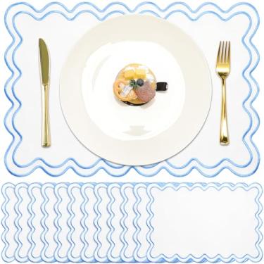 Imagem de Gandeer Conjunto de 12 jogos americanos de linho 33 cm x 48 cm ondulado bordado recortado em camadas duplas tapetes de mesa de jantar de fazenda, guardanapos de tecido para hotel, restaurante, festa