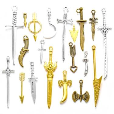 Imagem de Conjunto de 20 marcadores de espada antiga com diferentes estilos, acessórios de leitura de metal vintage em 3 cores, mini bugigangas de espada para dardos de livros, pingentes de livros, colar
