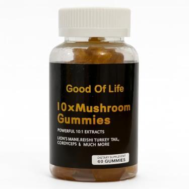 Imagem de 10x Mushrooms Cogumelos em Gummies Importado Good Of Life – Lion’s Mane, Reishi, Cordyceps, Chaga, Shiitake, Maitake e mais – 60 Unidades - 30 Dias Suprimento – Suplemento Natural para Foco, Energia, Imunidade e Bem-Estar