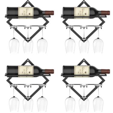 Imagem de Pacote com 4 prateleiras de vinho montadas na parede, suporte de vidro para taças, organizador dobrável de pendurar para vinho tinto com 3 suportes de vidro, suporte de exibição de garrafa de vinho