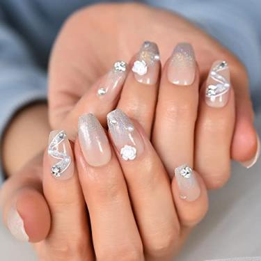 Imagem de Short Press On Nails - Balé Pequenas Unhas Falsas 3D Deco Shine Surface Flower Glitter Beads, Acabamento Brilhante para Festa e Diário, Reutilizável 12 Tamanhos - 24 Kit de Unhas com Abas de Cola