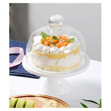 Imagem de Suporte de bolo europeu com cúpula, suporte de bolo de cerâmica simples, prato com tampa de vidro, bandeja de degustação de sobremesas de hotel, bife de queijo de frutas, prato de servir