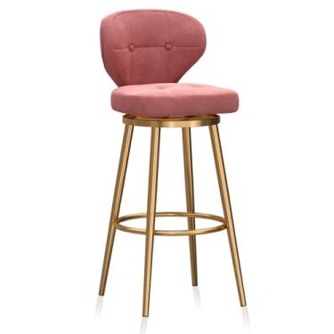 Imagem de Banquetas de barra douradas conjunto de 1 banco alto de veludo moderno com encosto e apoio para os pés banco giratório ilha de cozinha cadeiras de bar giratório, 65 cm A, rosa
