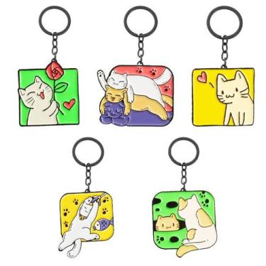 Imagem de Conjunto de chaveiros Cartoon Cat, 5 peças de liga de zinco para chave