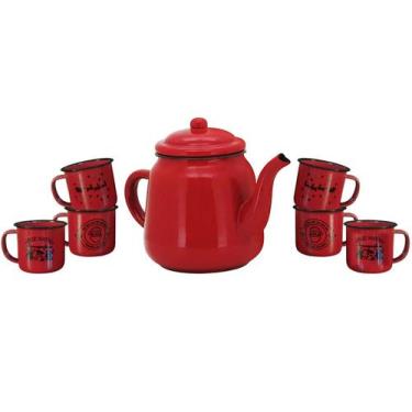 Imagem de Kit Bule e 6 Canecas Esmaltadas Vermelho Ágata Decorado Natal - Magizi