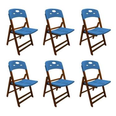 Imagem de Kit Com 6 Cadeiras Dobraveis De Madeira Elegance Mel Polipropileno Azu
