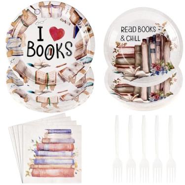 Imagem de Grencian 96 peças de decoração de festa com tema de livro, pratos e guardanapos, descartáveis, livros, clube, papel, mesa, para livros, clube, biblioteca, tema de leitura, artigos de festa de