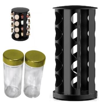 Imagem de Porta Temperos Giratorio Carrossel Inox Preto Dourado 20 Potes Condimentos