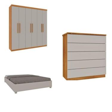 Imagem de Quarto Casal Completo Guarda-roupa Lima, Cama Mônaco E Cômoda Premium Espresso Móveis Cinamomo-off White