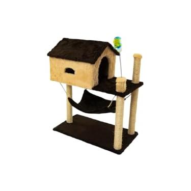Imagem de Arranhador para Gatos com Casinha e Rede, 84 cm Altura x 61 cm Comprimento, Base Dupla, 4 Postes com Sisal