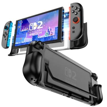 Imagem de FIWWAT Capa protetora encaixável para Nintendo Switch 2, capa ergonômica de TPU com suporte dobrável JoyCon, capa rígida fina à prova de choque adequada para console Switch 2 e suporte - preto fosco