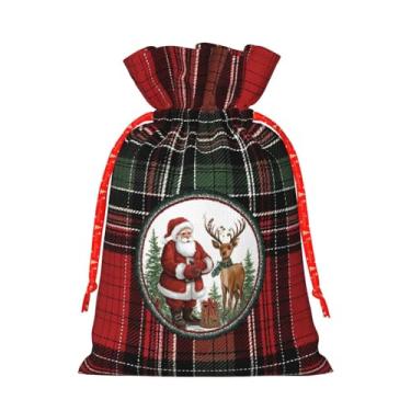 Imagem de JXDXHCW Sacos de presente de cordão de Natal com textura de serapilheira - 21 x 30 cm de Natal, Papai Noel, veado, bolsas de presente de tecido reutilizável para presentes, lembrancinhas de festa