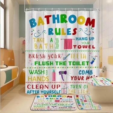 Imagem de 4 peças de decoração de banheiro infantil, conjuntos engraçados de cortina de chuveiro para meninos adolescentes, regras de banheiro coloridas para crianças com tapetes e acessórios antiderrapantes