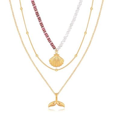 Imagem de FAUTHENTICUTE Colares de verão em camadas para mulheres, colar de praia banhado a ouro com concha e pingente de cauda de sereia, joia boho para mulheres, Multi, Cobre, Sem Pedra Preciosa