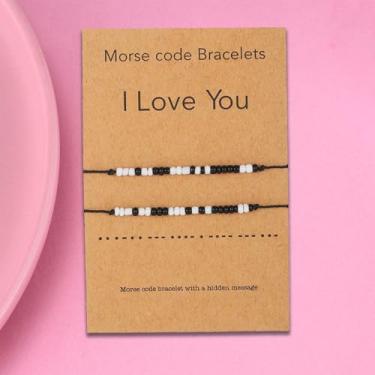 Imagem de 2 pulseiras com código Morse I Love You para mulheres, homens, pulseiras de casal para namorada, namorado, presentes de Dia dos Namorados