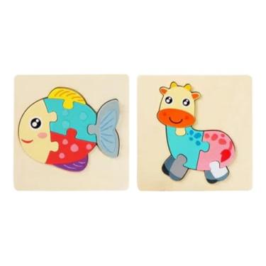 Imagem de Kit com 2 Quebra-Cabeças de Madeira para Crianças – Brinquedo Educativo e Divertido – Peças Coloridas que Estimulam Criatividade, Coordenação e Imaginação (Peixe e Girafa)