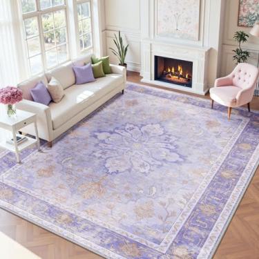 Imagem de RELEANY Tapetes de área 2,5 x 30,5 m lavável, antiderrapante, estampa floral, vintage, tapete medalhão para sala de estar, quarto, sala de jantar, roxo claro e marrom