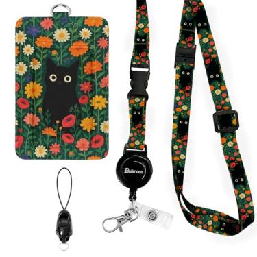 Imagem de bolimoss Porta-cartão de identificação de couro preto margarida de gato, quintal ajustável com carretel retrátil, porta-crachás de flores fofos com fecho giratório de metal, fivelas destacáveis de