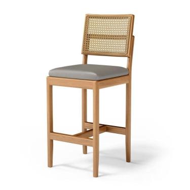 Imagem de Banqueta Milena Madeira Maciça Assento Estofado Encosto De Tela Palha Sextavada Veludo Chumbo 109