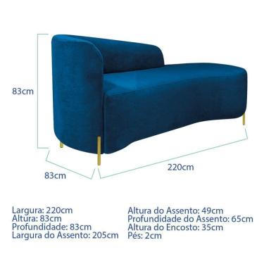 Imagem de Divã Recamier Orgânico França 220cm Lado Dir Pés Metal Dourado Linho Cor Azul Royal