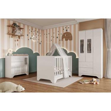 Imagem de Quarto Infantil Completo Popy 3 Peças (1guardaroupa+1berço+1cômoda) Qi111 Branco - Peroba