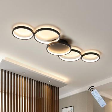 Imagem de Luminária de teto LED dimerizável 3000K-6000K, design moderno com 5 anéis, estilo criativo e personalizado, na cor preta, ideal para sala de estar, quarto, sala de jantar, cozinha, corredor