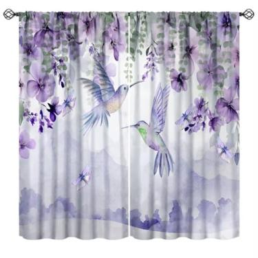 Imagem de Cortinas de pássaros voadores aquarela, roxo, violetas, pássaros, flores, plantas, borboleta, natureza, drapeados para quarto, sala de estar, 106,7 cm L x 114,3 cm C (sem apagão)