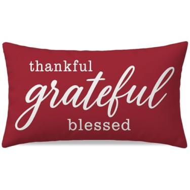 Imagem de PANDICORN Capas de almofada decorativas 12x20 Grateful Thankful Blessed Crimson Red Thanksgiving Holiday Decorações de Natal Capa de almofada lombar decoração de casa para sala de estar sofá sofá