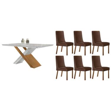 Imagem de Sala Jantar Mesa Imperatriz Tampo c/ Vidro Curvo 180cm+6 Cadeiras Dakota Madeira Naturale/Off White - Capuccino/Suede Marrom - Rufato
