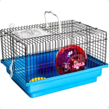 Imagem de Gaiola Pequena para Hamster com Acessórios, Azul, 30x23x19cm, Inclui Roda de Exercício, Bebedouro e Comedouro