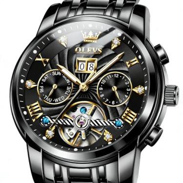 Imagem de OLEVS Relógios masculinos analógicos automáticos mecânicos masculinos luxuosos à prova d'água diamante relógio masculino casual de aço inoxidável turbilhão mostrador grande dia data relógio clássico