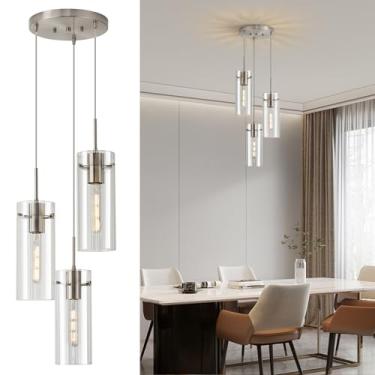 Imagem de FEAZAC Luzes pendentes modernas, lustre de aglomerado de níquel escovado com vidro canelado transparente, 3 luzes pendentes para ilha de cozinha, escada, sala de jantar, sala de estar