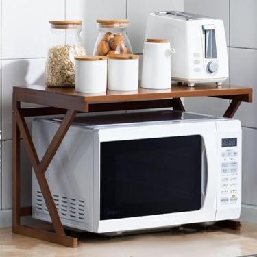 Imagem de VZQJHKMPXFS Rack de forno de micro-ondas de madeira de 2 camadas, organizador de prateleira de alta capacidade para bancada de cozinha, suporte de temperos e armazenamento, atualização de escritório