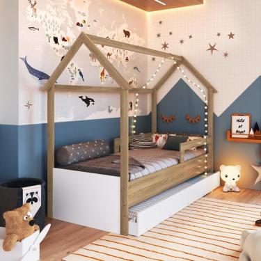 Imagem de Cama Infantil Montessoriana Bicama Casinha Solteiro Menino Menina Com Proteção Lateral E Cama Auxiliar Aveiro Com Branco