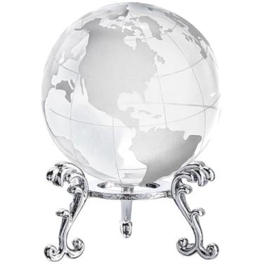 Imagem de vskikris Bola de globo mundial de cristal de 60 mm com suporte de metal - Decoração de esfera de globo terrestre de vidro pequeno para exibição de mesa de escritório em casa - 5 cm