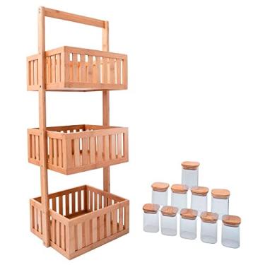 Imagem de Kit com organizador multiuso ripado 3 andares e 10 potes de vidro com tampa de bambu 200ml- Oikos