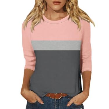 Imagem de Camiseta feminina gola redonda manga 3/4 blusas colorblock ajuste solto camiseta confortável túnica verão treino camisa, Cinza, XXG