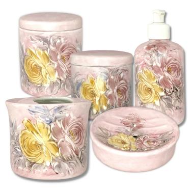 Imagem de Kit Higiene de Banheiro 5 Peças de Porcelana Pintado à Mão rosas amarela rosa/rosa